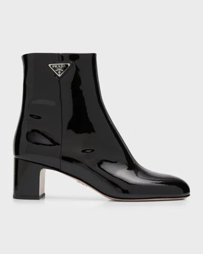 Prada Patent Block-heel Ankle Booties In Black