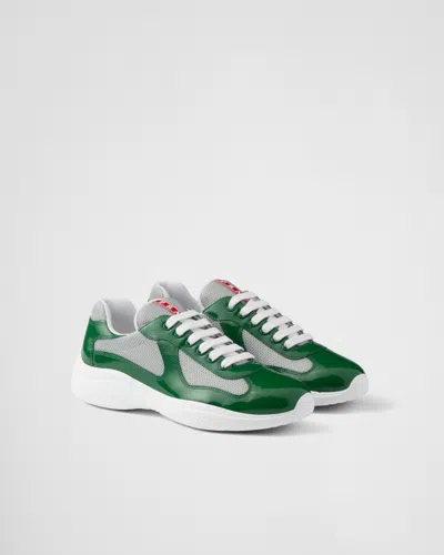 Prada Patent Leather And Technical Fabric  America's Cup Sneakers In Grün / Silber