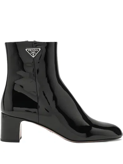 Prada Patent-leather Block-heel Boots In Black