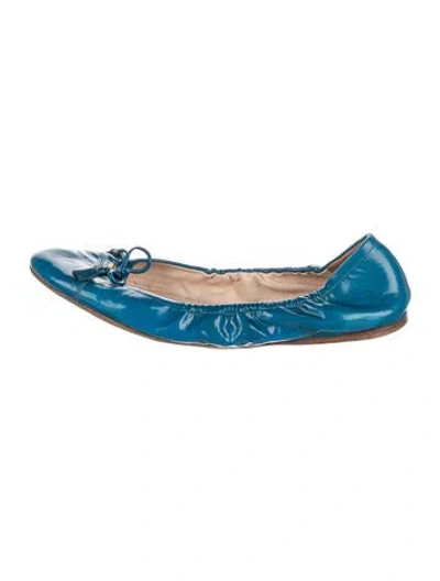 Pre-owned Prada Patent Leather Bow Accents Ballet Flats In Blue