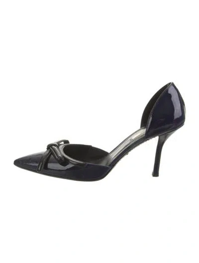 Pre-owned Prada Patent Leather Bow Accents D'orsay Pumps In Blue