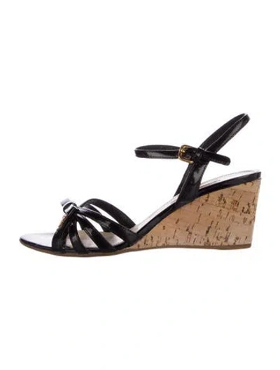 Pre-owned Prada Patent Leather Bow Accents Espadrilles In Black