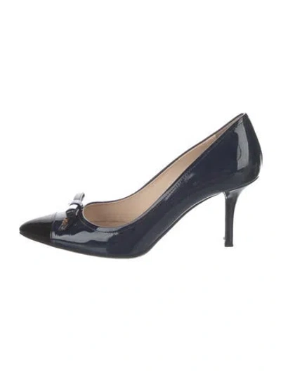 Pre-owned Prada Patent Leather Bow Accents Pumps In Blue