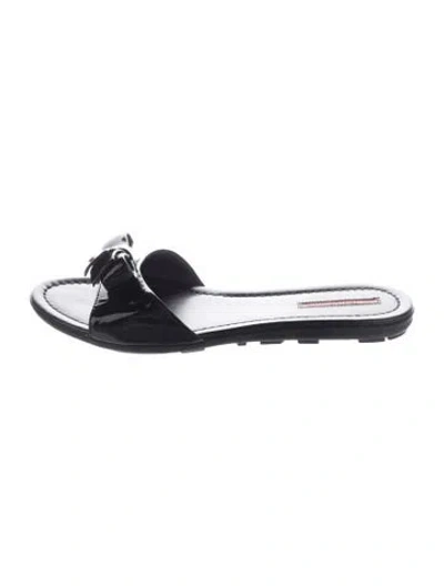 Pre-owned Prada Patent Leather Bow Accents Slides In Black