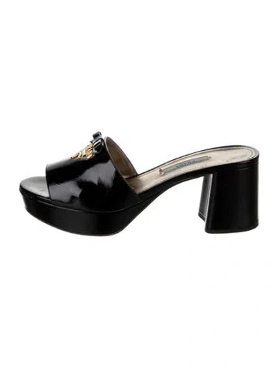 Pre-owned Prada Patent Leather Bow Accents Slides In Black