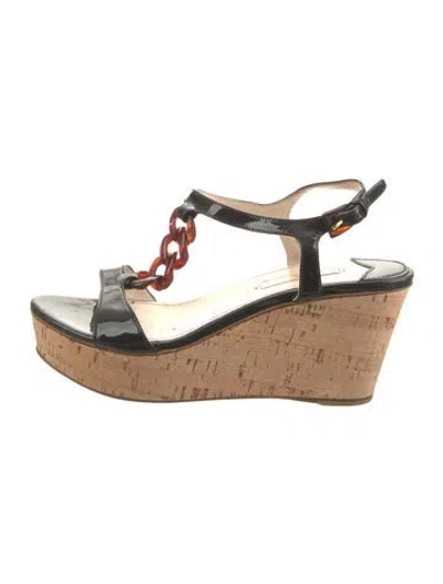 Pre-owned Prada Patent Leather Chain-link Accents T-strap Sandals In Black