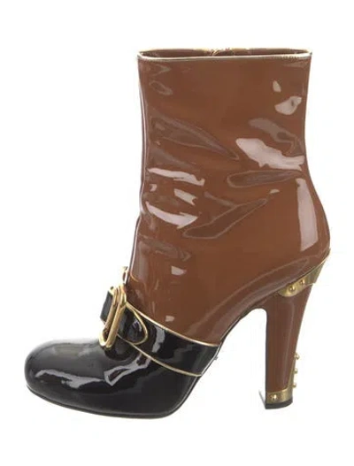 Pre-owned Prada Patent Leather Colorblock Pattern Boots In Brown