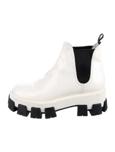 Pre-owned Prada Patent Leather Colorblock Pattern Chelsea Boots In White