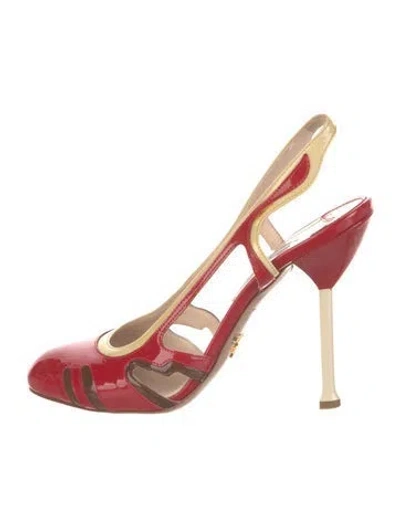 Pre-owned Prada Patent Leather Colorblock Pattern Slingback Pumps In Red
