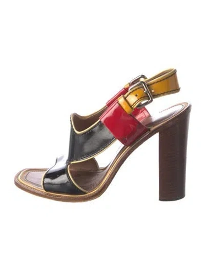 Pre-owned Prada Patent Leather Colorblock Pattern Slingback Sandals In Black