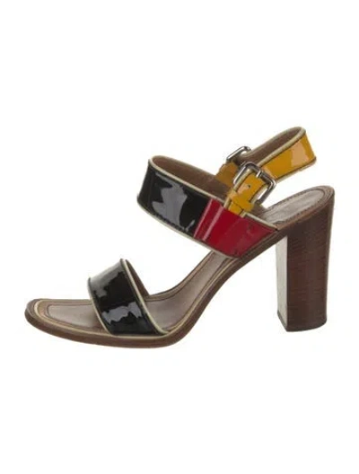 Pre-owned Prada Patent Leather Colorblock Pattern Slingback Sandals In Black