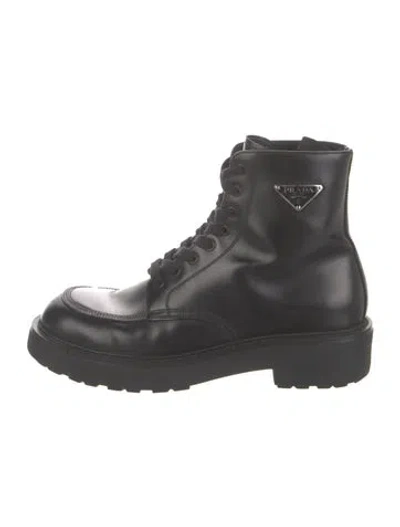 Pre-owned Prada Patent Leather Combat Boots In Black