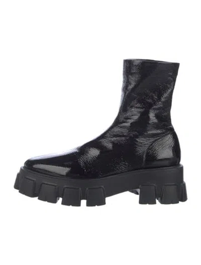 Pre-owned Prada Patent Leather Combat Boots In Black