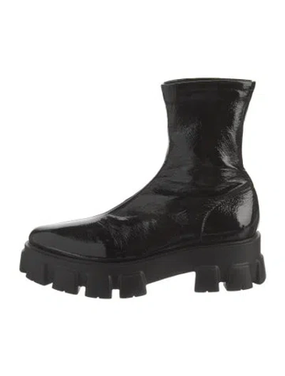 Pre-owned Prada Patent Leather Combat Boots In Black