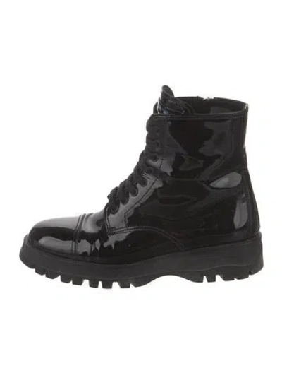 Pre-owned Prada Patent Leather Combat Boots In Black