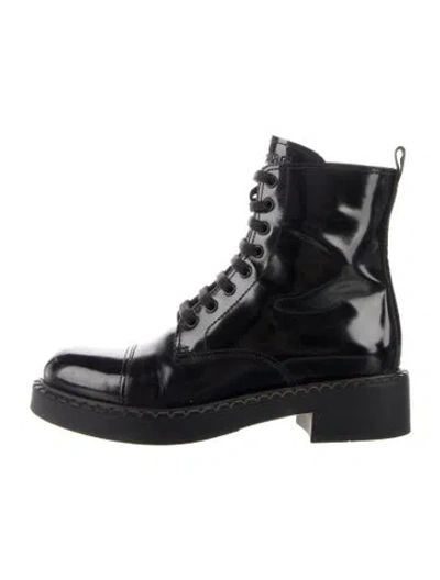 Pre-owned Prada Patent Leather Combat Boots In Black