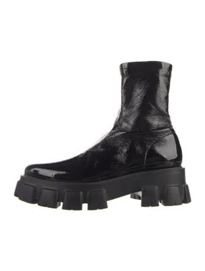 Pre-owned Prada Patent Leather Combat Boots In Black