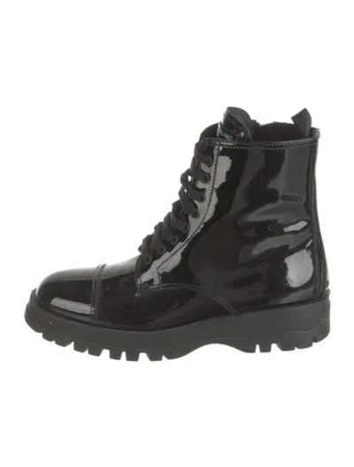 Pre-owned Prada Patent Leather Combat Boots In Black
