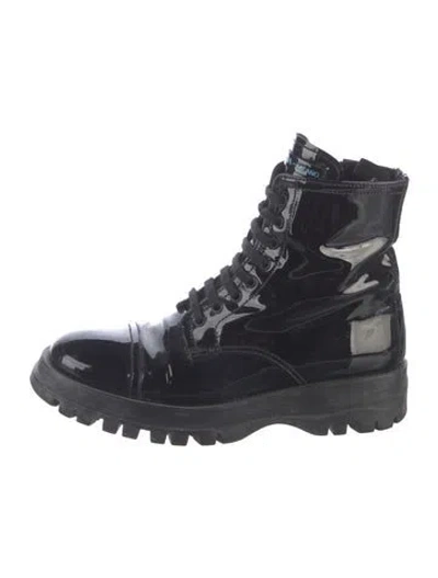 Pre-owned Prada Patent Leather Combat Boots In Black
