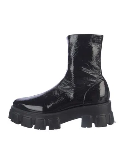 Pre-owned Prada Patent Leather Combat Boots In Black