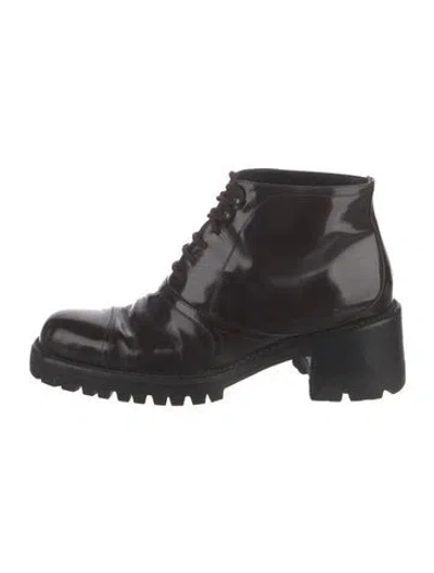 Pre-owned Prada Patent Leather Combat Boots In Brown
