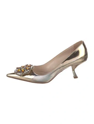 Pre-owned Prada Patent Leather Crystal Embellishments Pumps In Gold