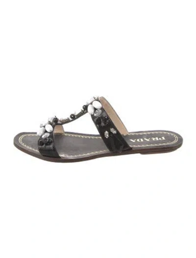 Pre-owned Prada Patent Leather Crystal Embellishments Slides In Black