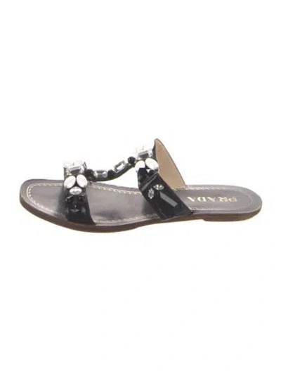 Pre-owned Prada Patent Leather Crystal Embellishments Slides In Black