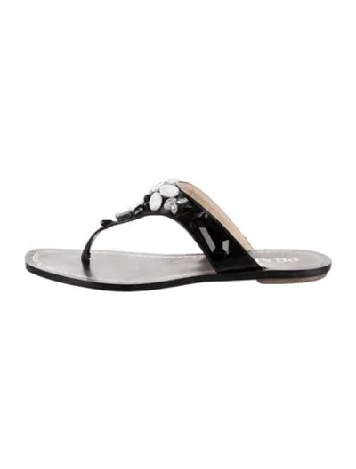 Pre-owned Prada Patent Leather Crystal Embellishments T-strap Sandals In Black