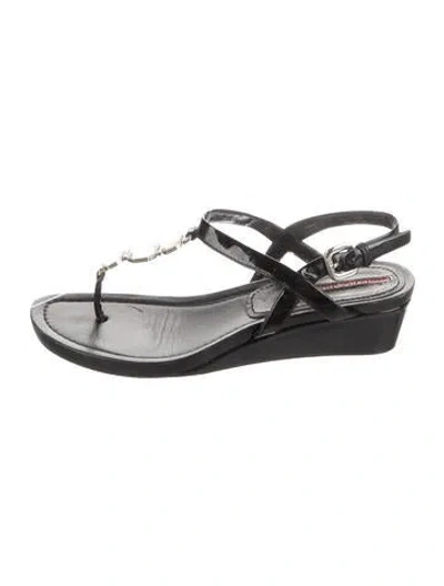 Pre-owned Prada Patent Leather Crystal Embellishments T-strap Sandals In Black