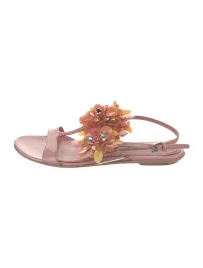 Pre-owned Prada Patent Leather Crystal Embellishments T-strap Sandals In Pink