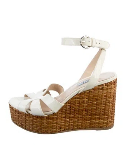 Pre-owned Prada Patent Leather Cutout Accent Espadrilles In White