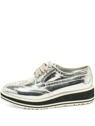 Pre-owned Prada Patent-leather Derby Sneakers In Silver