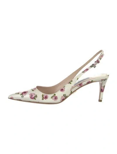 Pre-owned Prada Patent Leather Floral Print Slingback Pumps In White