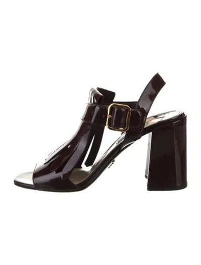 Pre-owned Prada Patent Leather Fringe Trim Accent T-strap Sandals In Burgundy