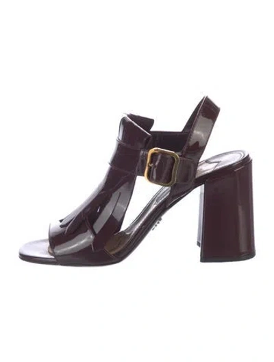 Pre-owned Prada Patent Leather Fringe Trim Accent T-strap Sandals In Burgundy