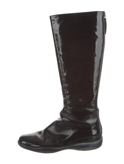 Pre-owned Prada Patent Leather Lace-up Boots In Black