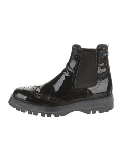 Pre-owned Prada Patent Leather Lasercut Accents Chelsea Boots In Black