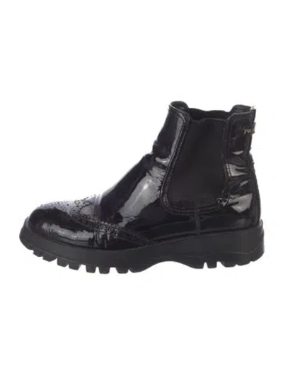 Pre-owned Prada Patent Leather Lasercut Accents Chelsea Boots In Black