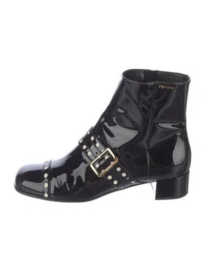 Pre-owned Prada Patent Leather Lasercut Accents Combat Boots In Black