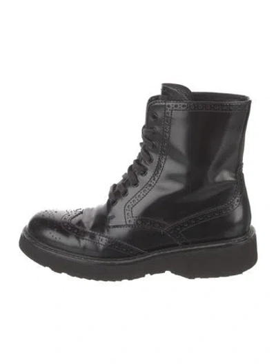 Pre-owned Prada Patent Leather Lasercut Accents Combat Boots In Black