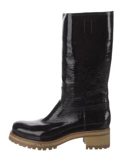 Pre-owned Prada Patent Leather Moto Boots In Black