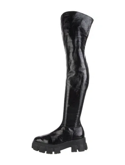 Pre-owned Prada Patent Leather Moto Boots In Black