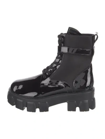 Pre-owned Prada Patent Leather Printed Combat Boots In Black