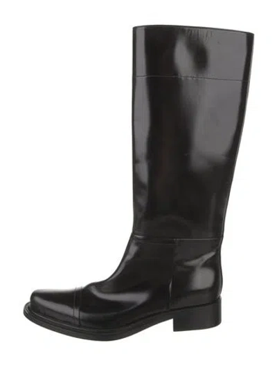 Pre-owned Prada Patent Leather Riding Boots In Black