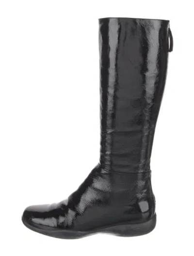 Pre-owned Prada Patent Leather Riding Boots In Black