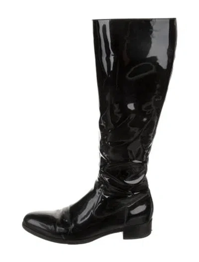 Pre-owned Prada Patent Leather Riding Boots In Black