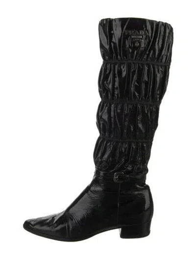 Pre-owned Prada Patent Leather Riding Boots In Black
