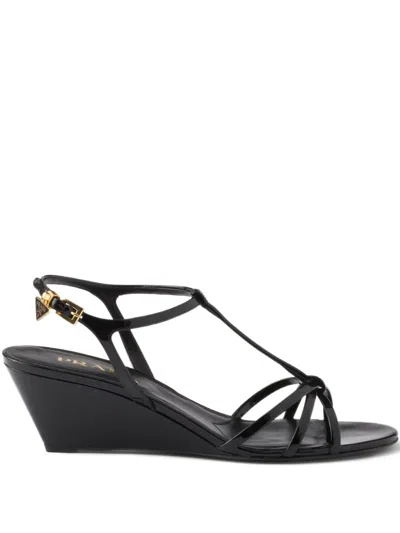 Prada Leather Sandals Wedge Heel Open Toe In Black