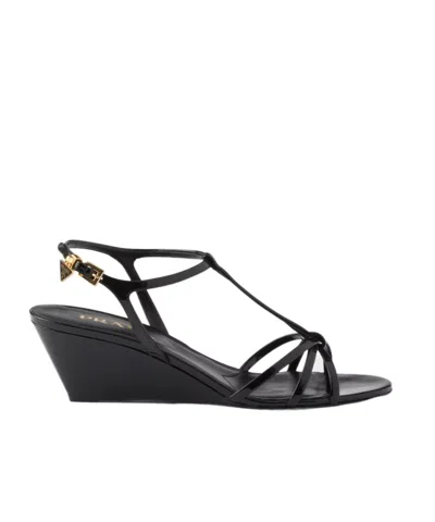 Prada Leather Sandals Wedge Heel Open Toe In Black